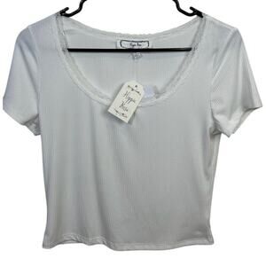 Hippie Rose Bright White Ribbed Spring Baby Tee Lace Trim Short Sleeve L, NWT